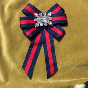 Elegant Navy and Red Striped Bow Brooch (tie)